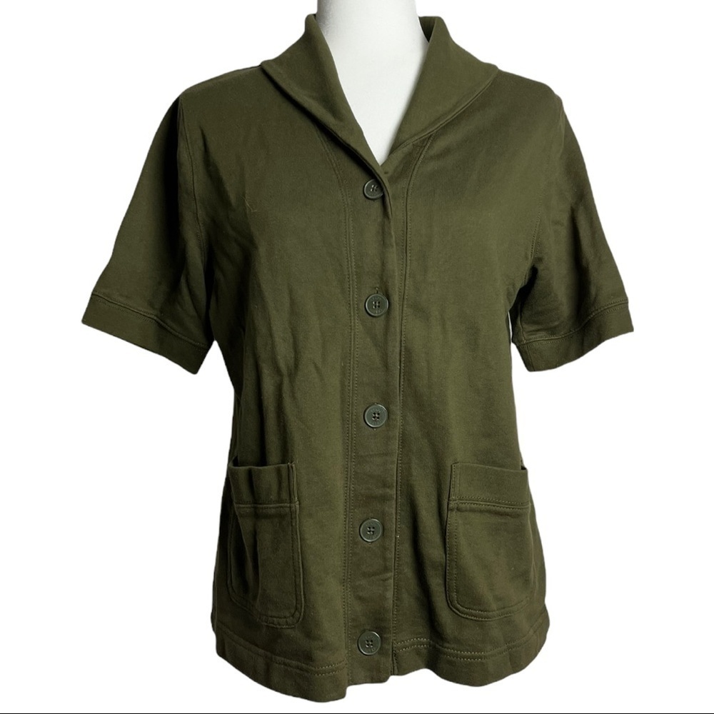 Chaps Button Down Short Sleeve Sweater Olive Size L